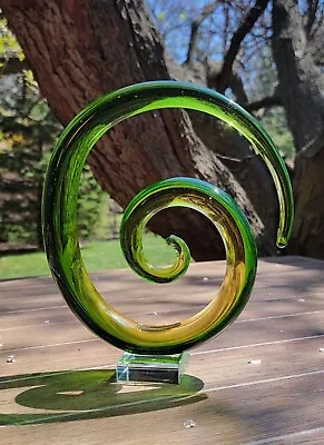 Murano Style Glass Spiral Coil Sculpture GREEN & Yellow Crystal Base Hand Blown • $47.99