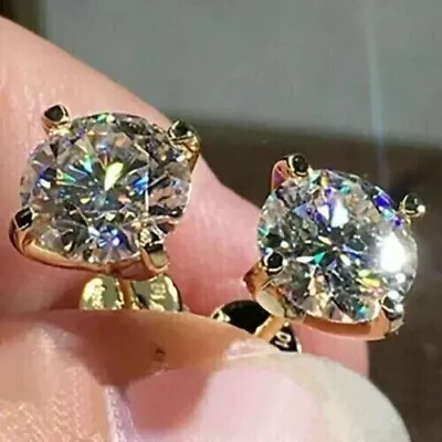 14K Yellow Gold Plated 2Ct Round Cut Lab Created Diamond Solitaire Stud Earrings • $30