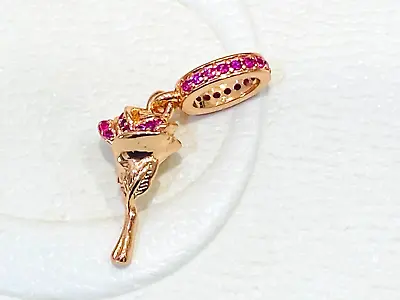 $65 • Buy Authentic Pandora Pink CZ Rose Flower Dangle Charm Pendant Rose Gold MET 789312