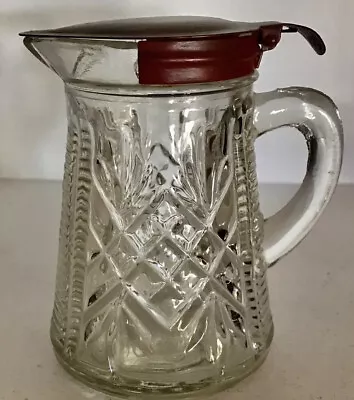 Vintage Pressed Glass Maple Syrup Pitcher Metal Spring Close Lid 6 Oz EUC • $14