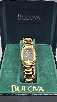 Bulova Men’s Watch Vintage Genuine Diamond Black Dial Gold Tone Bracelet New BaT • $79