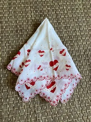 Vintage Hankerchief Red & White Hearts 13 X13  Embroidered Scalloped Edges  • $8