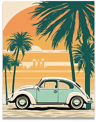 White Beetle Volkswagen Poster Vintage Beach Surf 11x14 Inches Unframed • $9.95