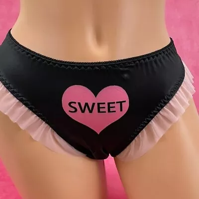 Vintage 90's Y2K Panties Silky Ruffle Black Candy Heart Sissy Knickers Large • $7.50