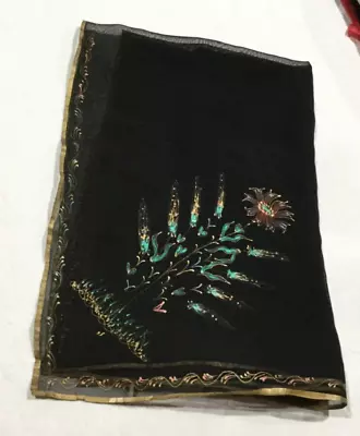 Vintage Black Hand Painted Floral Silk Scarf 36  Square & Gold Painted Edging • $6.99