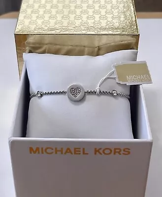 Michael Kors Silver Plated Chain Slider Pave Heart Bracelet Mkj5044040 Nwt & Box • $58.88