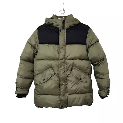 Zara Boys Puffer Jacket Size 13-14 Olive Green Black Hooded Fleece Lined Zip • $24
