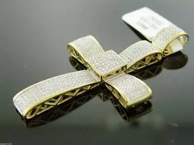 Men Gold Finish 1.20CT Genuine White Diamonds Cross Pendant 65mm Long /39mm Wide • $349.99