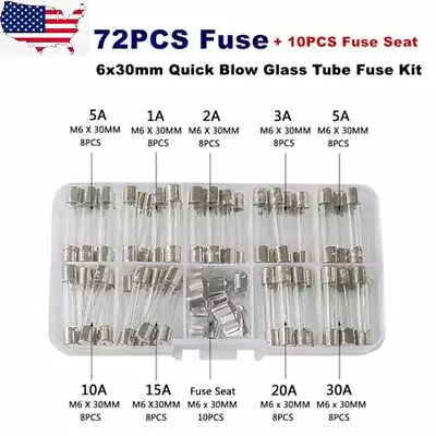 72 Pcs AGC Auto Glass Fuse 0.5A To 30A ( 6mm X 30mm) Kit (9)Assorted Sizes W/Box • $10.99