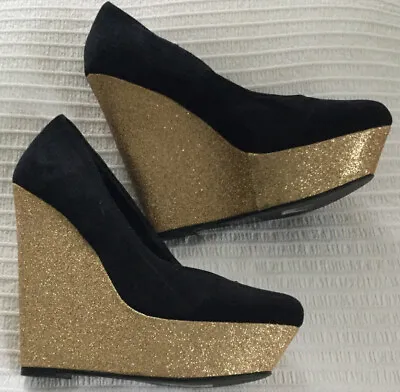 £14.99 • Buy Miss Selfridge Ladies Black/gold Wedge  Suede Shoes New Uk 6 Eu 39