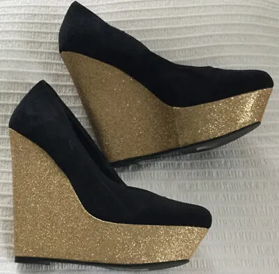 Miss Selfridge Ladies Black/gold Wedge  Suede Shoes New Uk 6 Eu 39 • £14.99