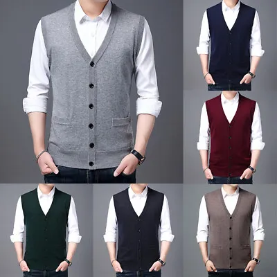 Men's Sweater Vest V Neck Button Cardigan Sleeveless Basic Knitted Work Casual • $20.49