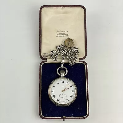 Antique Solid Silver JW Benson 5cm Pocket Watch Boxed On Albert Chain • £445