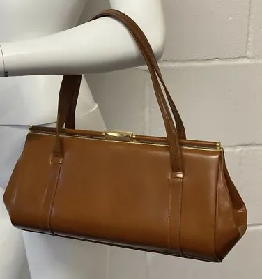 Handbag Vintage 1950s Tan Leather Ackery Of London Clasp Bag • £29.99