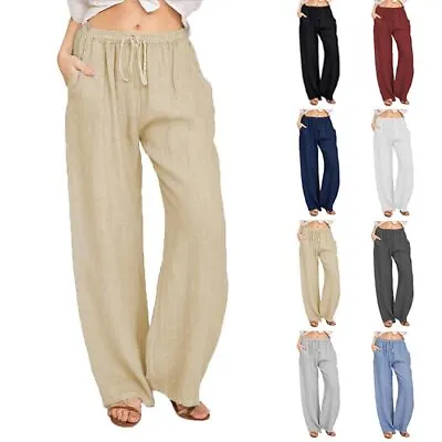 Womens Cotton Linen Wide Leg Pants Ladies Elasticated Waist Casual Trousers Size • £12.29