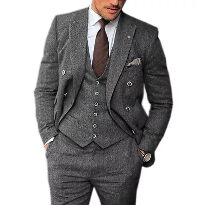 Mens 3 Piece Suits Tweed Wool Herringbone Tuxedos Blazer+Vest+Pants 42r 44r 46r • $79.98