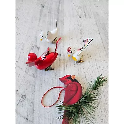 Vintage Wooden Mexican Bird Clip Ornament Cardinal Axis Tree Set • $26.77