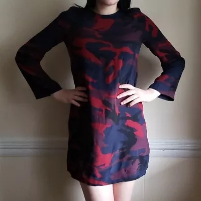 Zara Red And Navy Camo Print Shift Dress XS Long Sleeve Open Back • $22