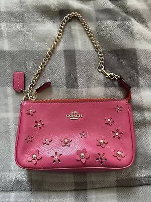 Coach Small Pink Gold Floral Flower Nolita Wristlet Clutch Bag Purse • $108