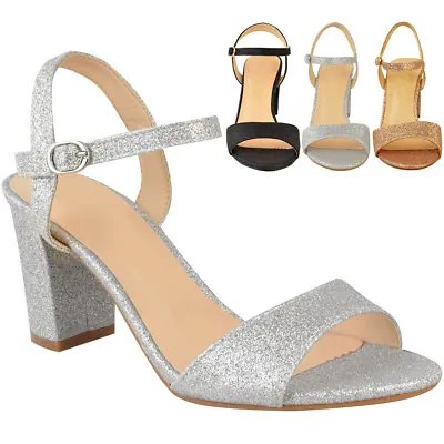 Ladies Womens Low Block Heel Party Bridal Glitter Sandals Wedding Prom Shoes Sz • £16.99