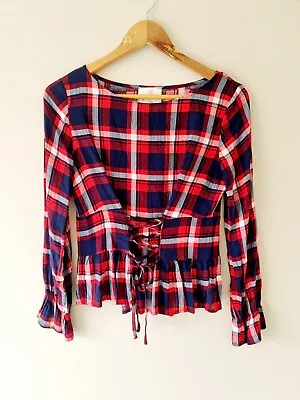 BAGIRA Red Blue Plaid Corset Front Top SIZE 10 Blouse • £21.30