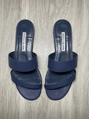 Manolo Blahnik Womens Leather Navy Blue Slip-On Sandals EURO 37.5/ US 6.5 • $49.98