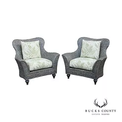 Pair Of Woven Outdoor Rattan Lounge Armchairs • $1095