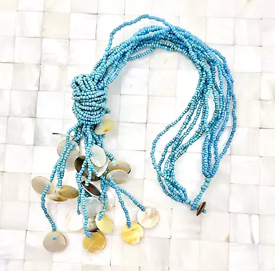 Blue Seed Beaded MOP Mother Of Pearl Tassel Necklace The Vintage Strand Lot#4786 • $10.19