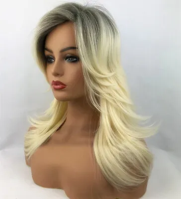 Fashion Sexy Ladies Women's Medium Long Blonde Black Root Cosplay Wigs + Wig Cap • £15.55