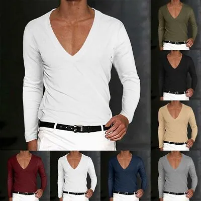 Men's Fashion Sexy Slim Fit Shirts Deep V-Neck Long Sleeve Casual T-Shirt Tee# • $21.96