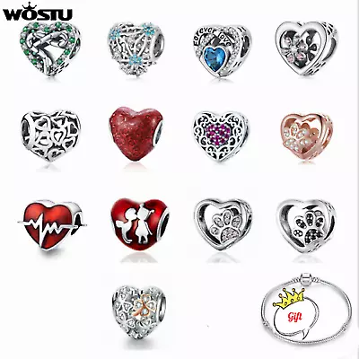 Wostu S925 Sterling Silver Red Love Heart CZ Bracelet Charm Beads Women Gift • $10.19