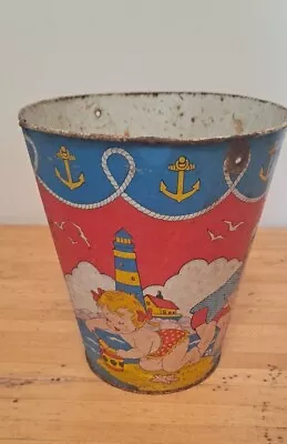 Vintage Ohio Art Tin Litho Beach Sand Bucket - Children Motorboat Lighthouse • $19.97