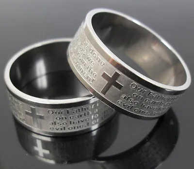 6pcs ETCH English LORD'S PRAYER Stainless Steel Ring MEN Jesus Cross Jewelry   • $6.80