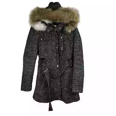 LAUNDRY BY DESIGN Size M WOOL BLEND BLACK MID LENGTH COAT JACKET HOOD FAUX FUR • $24.88