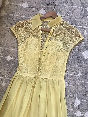 Vintage 1950’s Buttercup Yellow Chiffon Lace Prom Party Maxi Dress 50's Womens S • $78