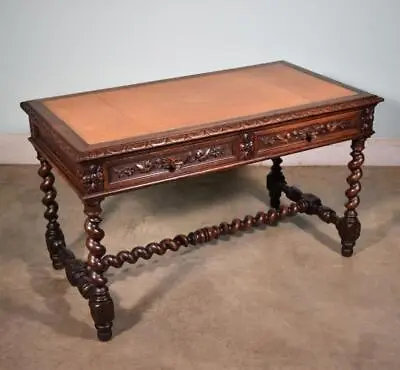 French Antique Hunting Style Library/Table/Desk In Solid Oak With Leather Top • $1885