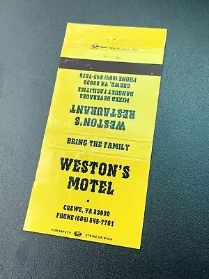 Vintage Virginia Matchbook: “Weston’s Motel” Crewe VA • $7.23