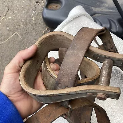 2 Primitive Vintage Wood Horse Stirrups With Leather & Buckle • $79.99