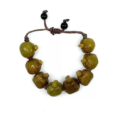 Vintage 8 Turtle Carved Green To Olive Agate Stone Bracelet Adjustable • $15