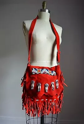£68.55 • Buy Vtg Hippie Boho Genuine Suede Handcrafted Fringed Beaded Concho Cross Body Bag
