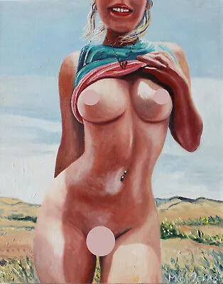 Oil Painting Erotic Girl Signed MKol 30x24cm 118x96 In • £30.45