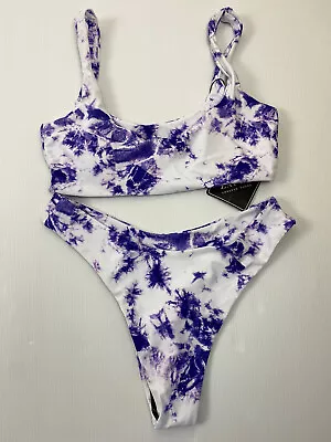 New Zaful Bikini 2 Piece Size 8 White Purple Tie Die Cozzie Bathers Togs Holiday • $23.99