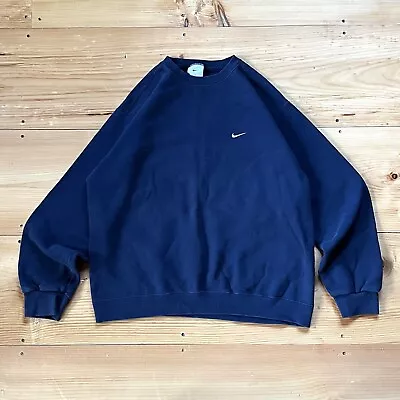 Vintage 90s Y2K NIKE Mini Swoosh Crewneck Sweatshirt Gray Silver Tag Navy Blue L • $35