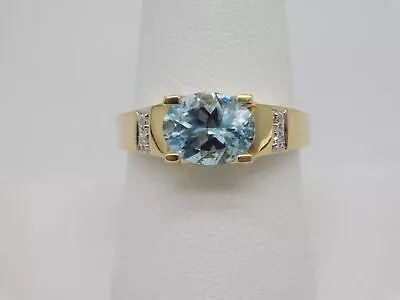 Vintage Designer 14k Solid Yellow Gold Aquamarine Diamond Stone Ring Size 9 • $350