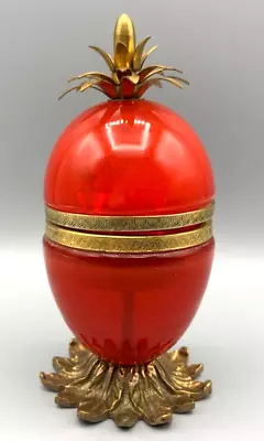 Vintage Glass Box Opaline Murano Pineapple Egg Lighter Gilt Brass Blown Red Mcm • $275