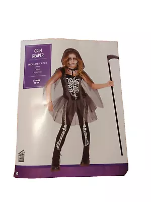 Grim Reaper Skeleton Girl Large Kids Halloween Costume  Dress Cape Leggings • $19.99