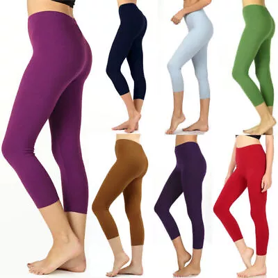 Womens Premium Nylon Capri Leggings Basic Nylon Stretch Pants Yoga Exercise • $13.99