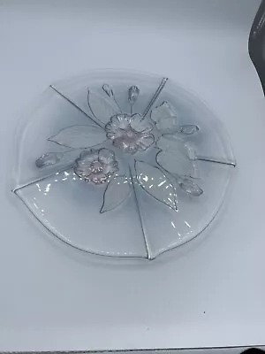 Mikasa Pedestal Cake Plate 13 1/2” Etched Pink Flowers Etched Leaves Vtg 1985 • $31.99