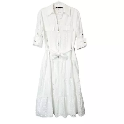 Zara White Eyelet Midi Dress Women’s Size Large Tie Waist Embroidered • $33.90