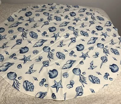 Pottery Barn Tablecloth Round Shells Blue Beach Coastal Ocean Cotton 60” • $68.78